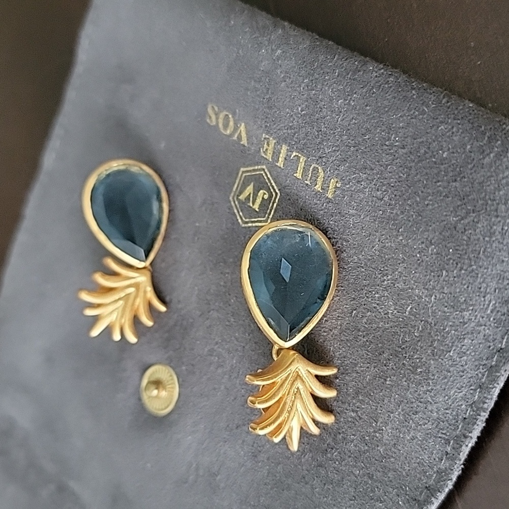 Julie Vos - 24K Gold Plated Drop Earrings w/ Blue Teardrop Stone - Women Jewelry - Picture 3 of 4
